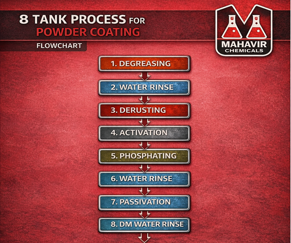 8 tank phosphating process for powder coating showing degreasing, rinsing, derusting, activation, phosphating, water rinse and DM water rinse by Mahavir Chemicals