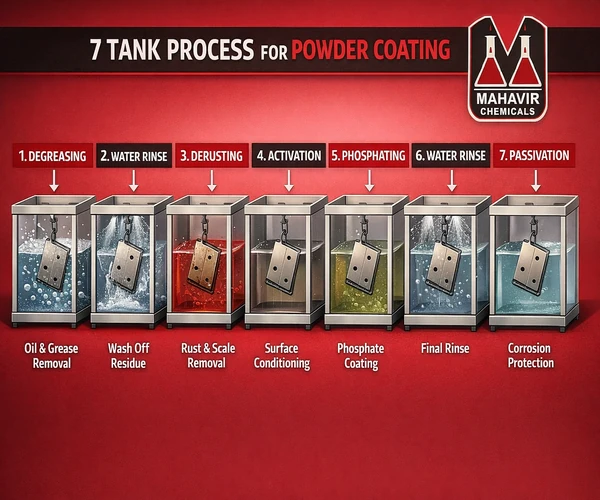 7 tank process for powder coating pretreatment showing degreasing, rinsing, derusting, activation, phosphating and passivation by Mahavir Chemicals